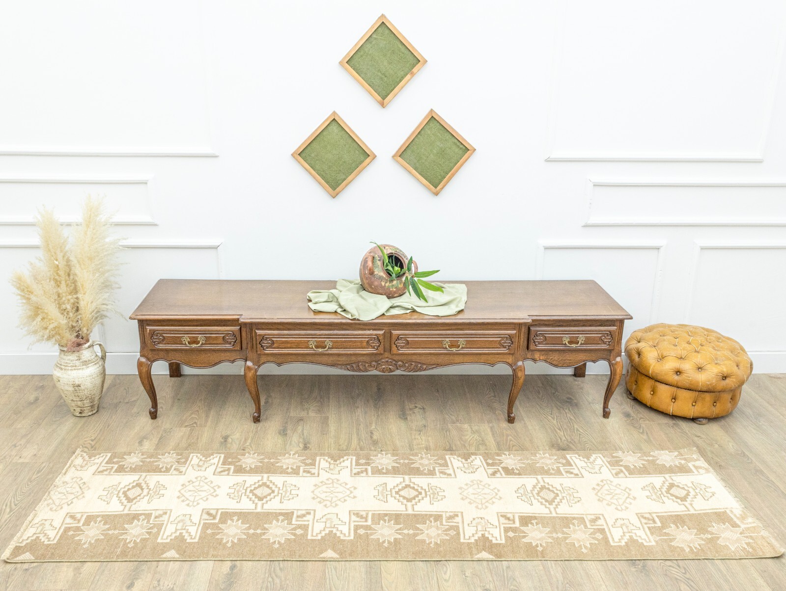 Rustic geometric narrow vintage runner 2.4×9.1 ft Handknotted Turkish Oushak rug