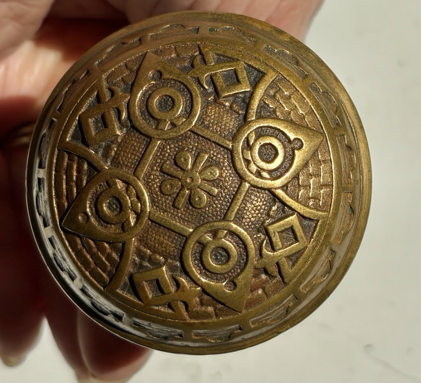Matched Pair Antique Brass Eastlake Door Knobs & Spindle Decorated Both Sides