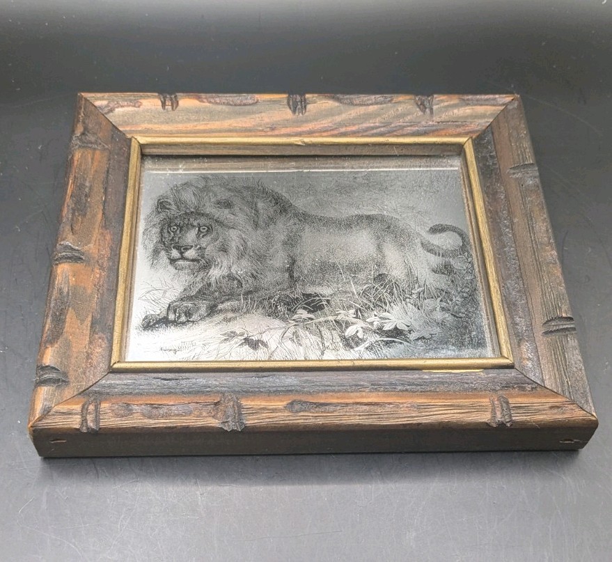 Lion Mirror, Reverse Etched, Small Wood Framed, Unknown Artist