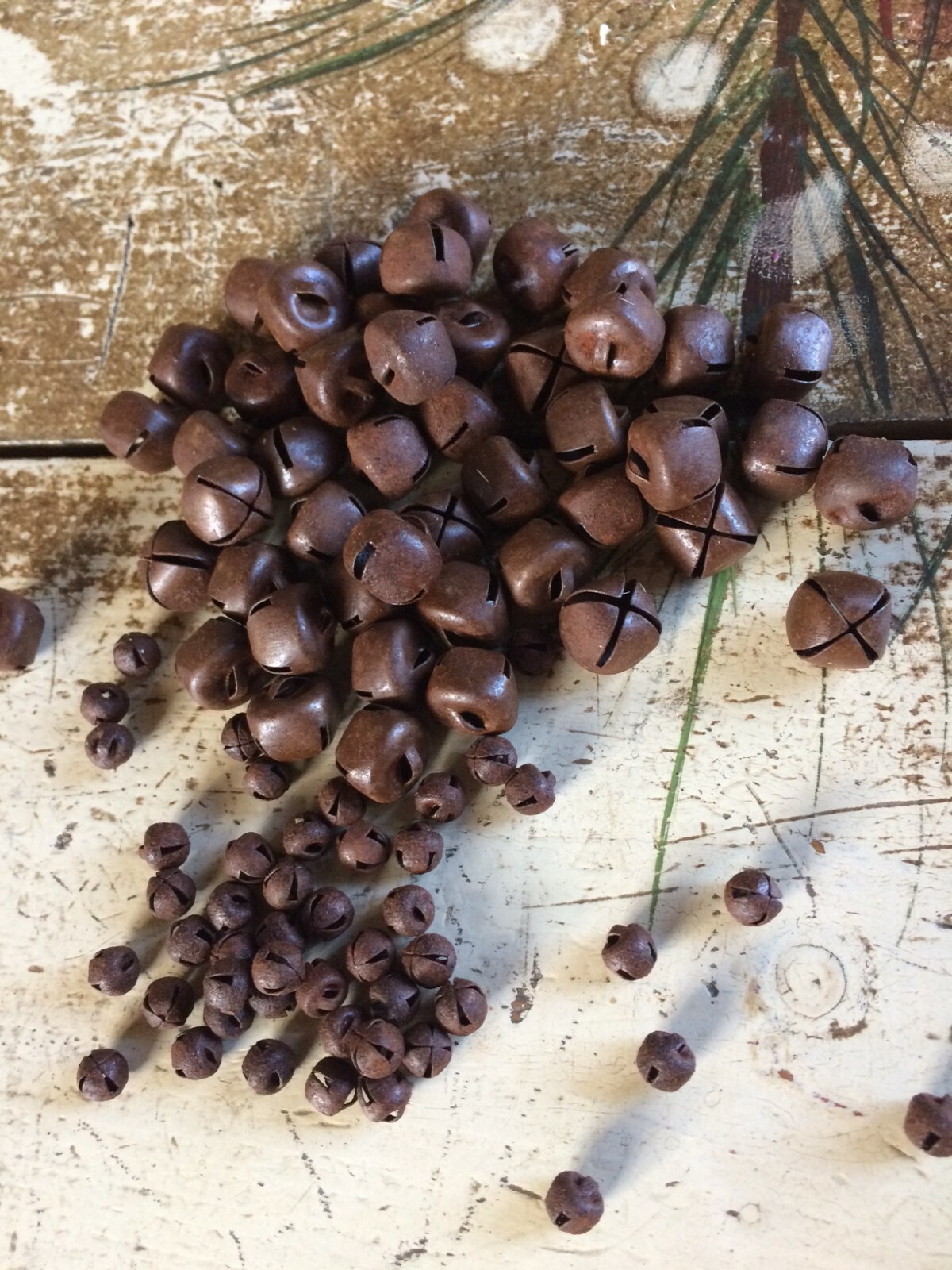 (48) Primitive Rusty LOOK Tin JINGLE BELLS 13mm 1/2 in 1/2″ Christmas Crafts