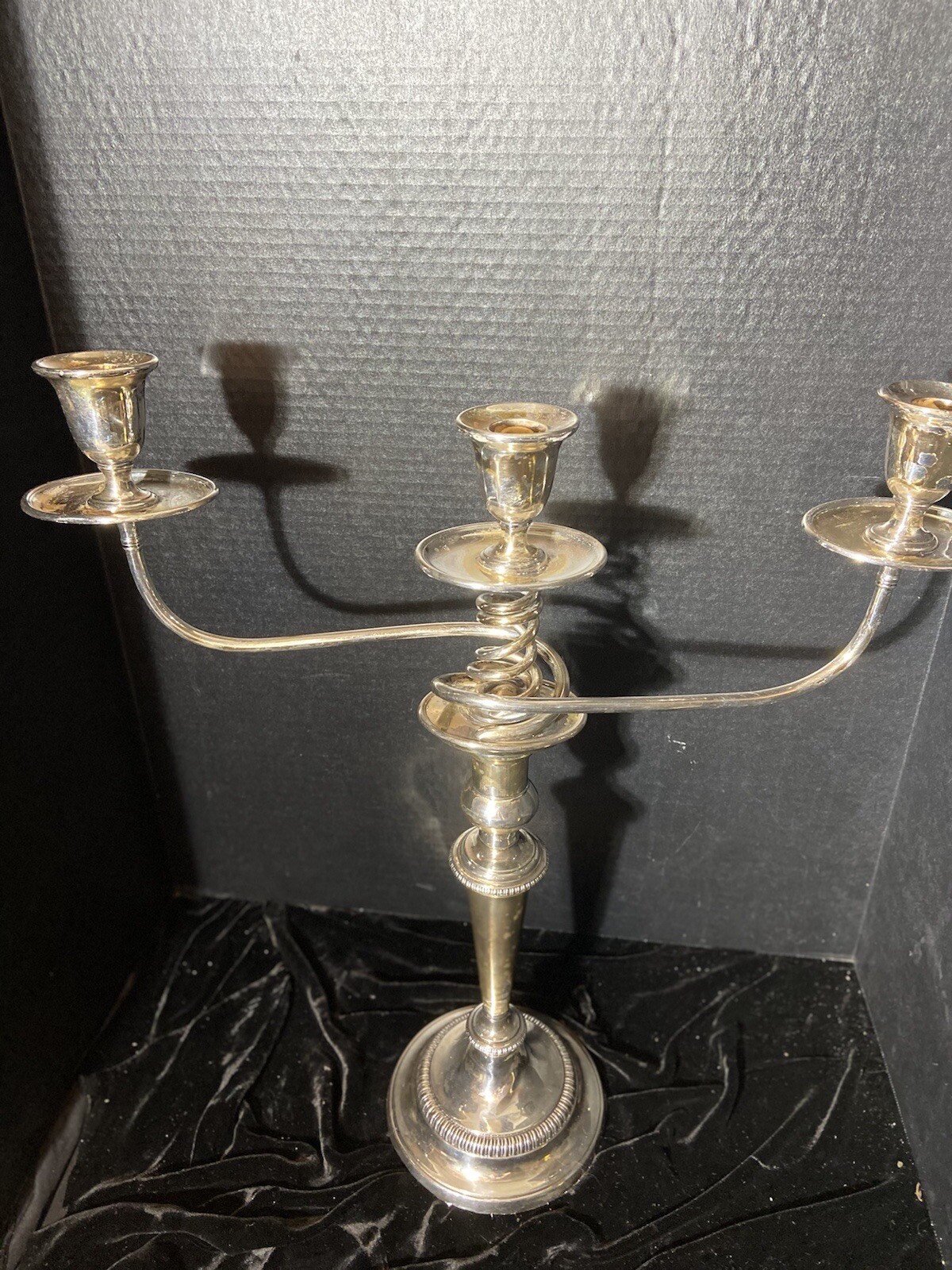 ANTIQUE CANDELABRA HIGH-QUALITY TWISTED ARM, THREE CANDLE SILVER PLATED TWO PART