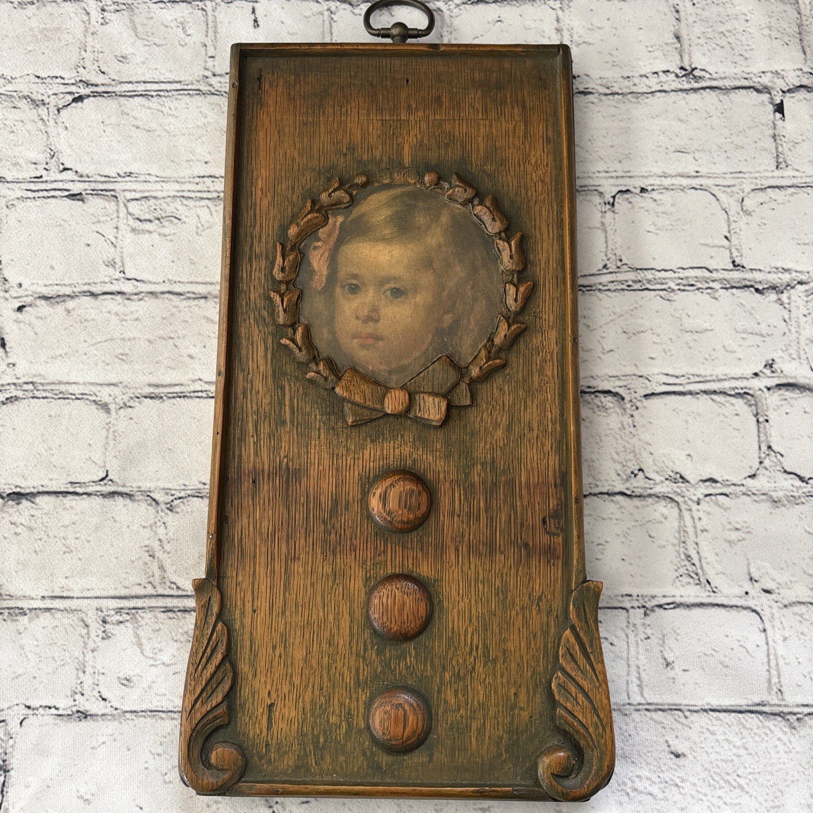 Vintage Antique Hand Craved Wall Plaque Solid Oak W/Child Portrait Art Nouveau