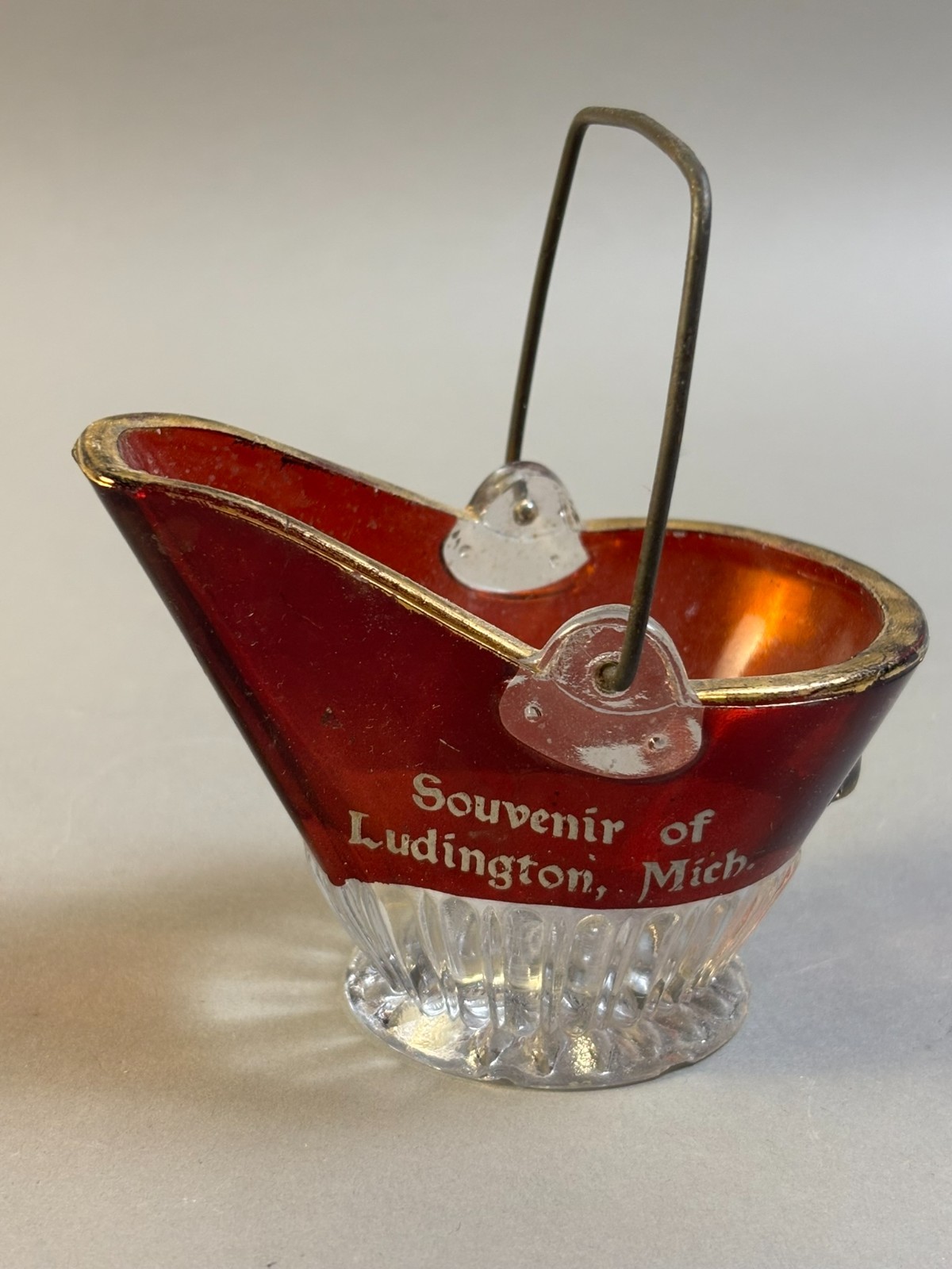 #377 Antique LUDINGTON Michigan Ruby Red Flash Souvenir Glass CANDY DISH