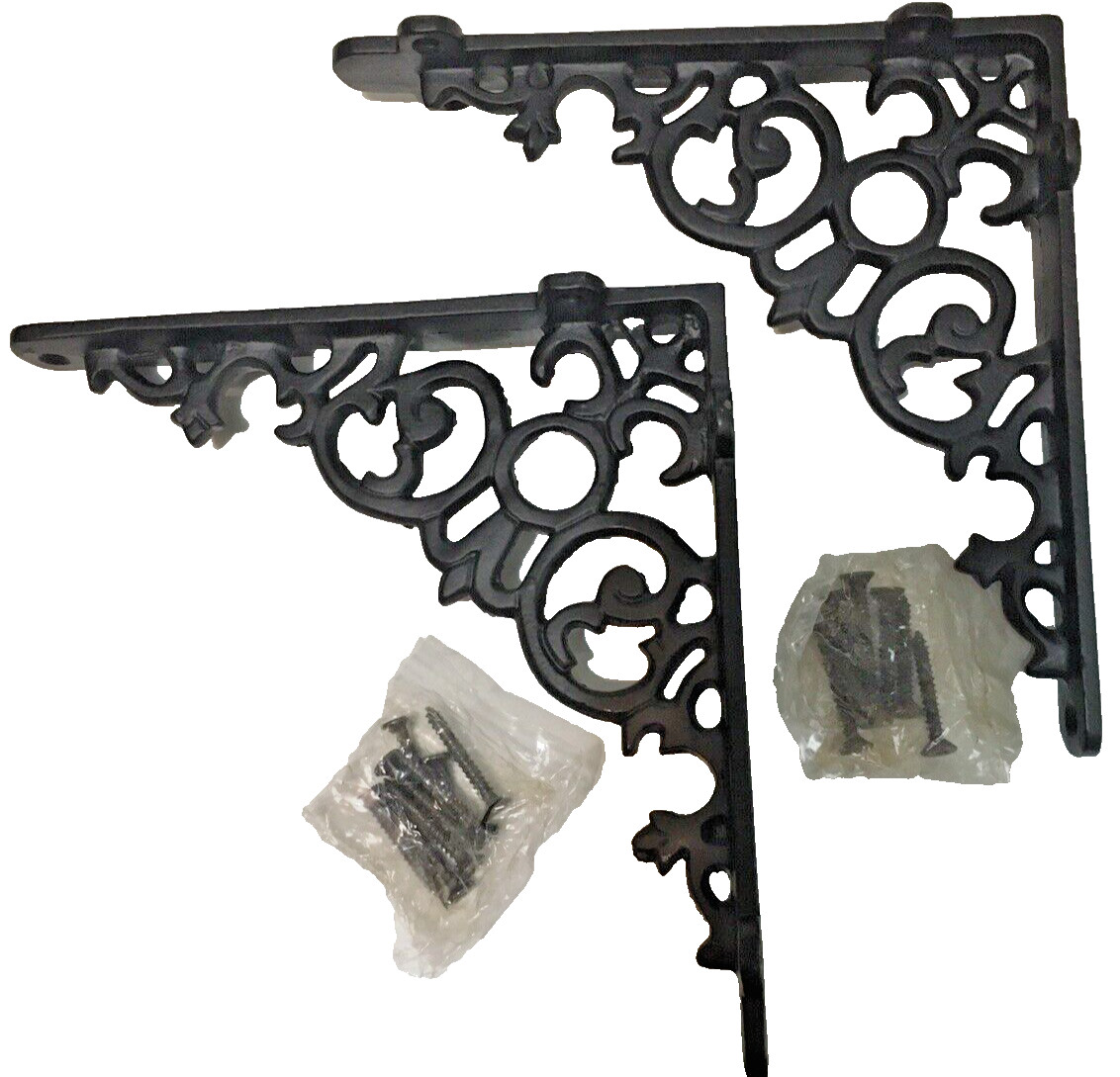Set Of 2 Fancy Heavy Duty Rustic Style Cast Iron Shelf Brackets