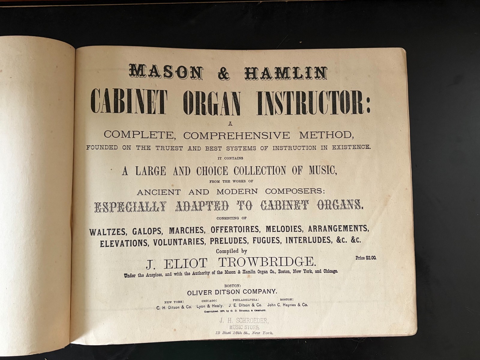 1878 MASON & HAMLIN CABINET ORGAN INSTRUCTOR Book Oblong ANTIQUE Piano Music