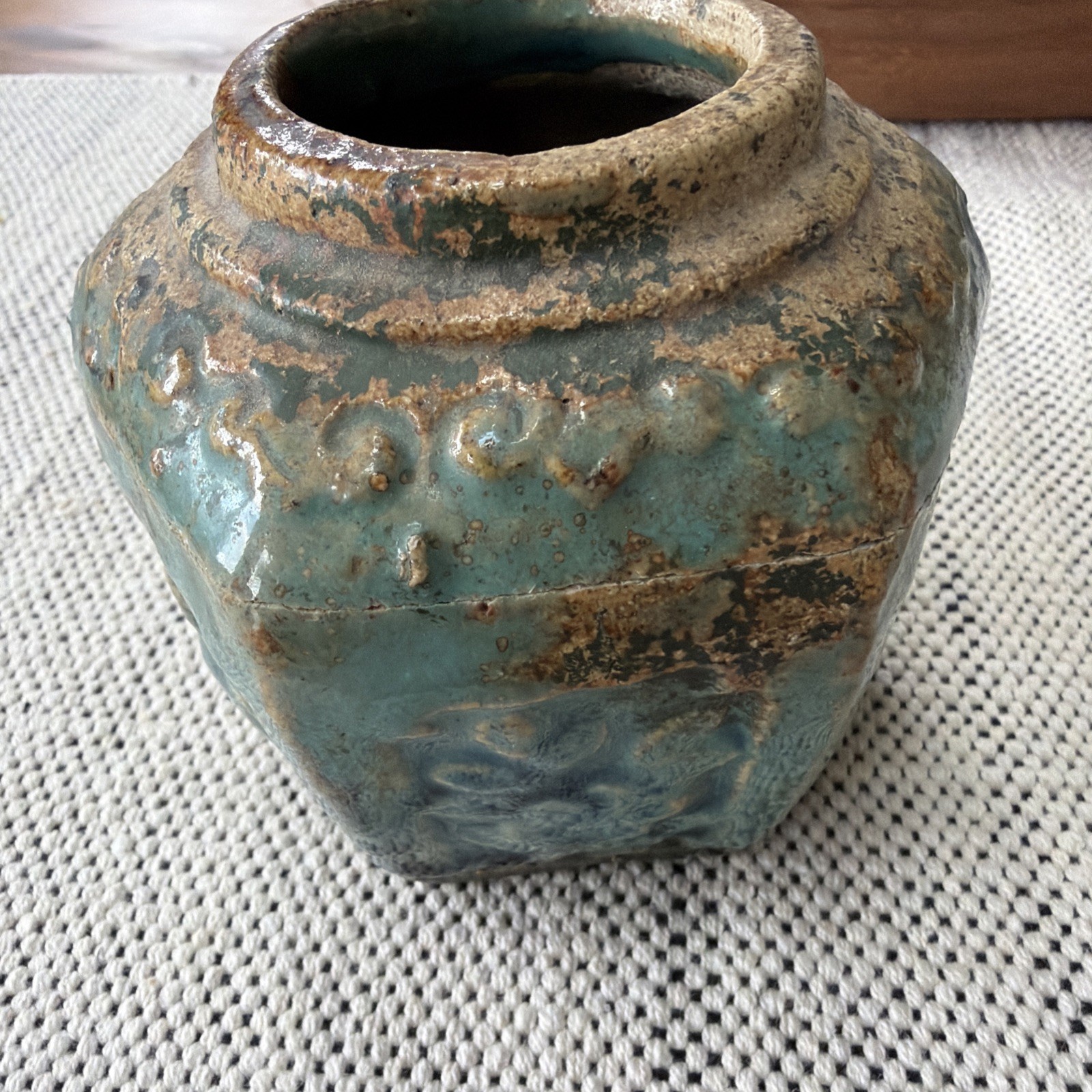 Antique Chinese Shiwan Stoneware Ginger Jar, Hexagonal w Blue Green glaze Ming