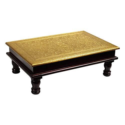 Wood & Brass Chowki Brass Work Pooja Stool Home Décor Sitting Table (18x12x6 in)