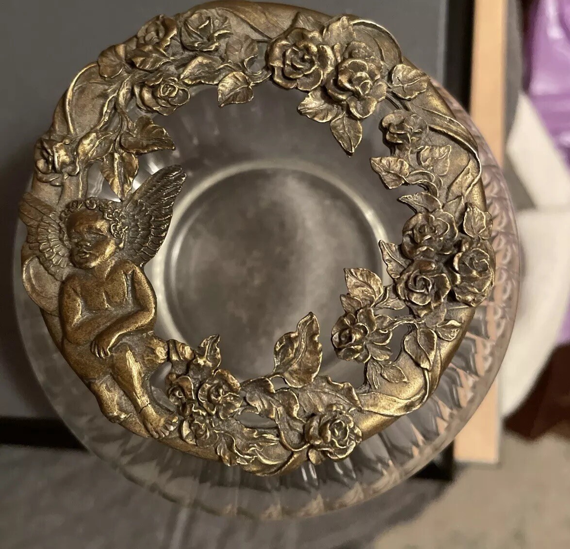 Vintage Rawcliffe Pewter 1993 PC 2982 Cherub Clear Ribbed Glass Bowl Trinket Jar