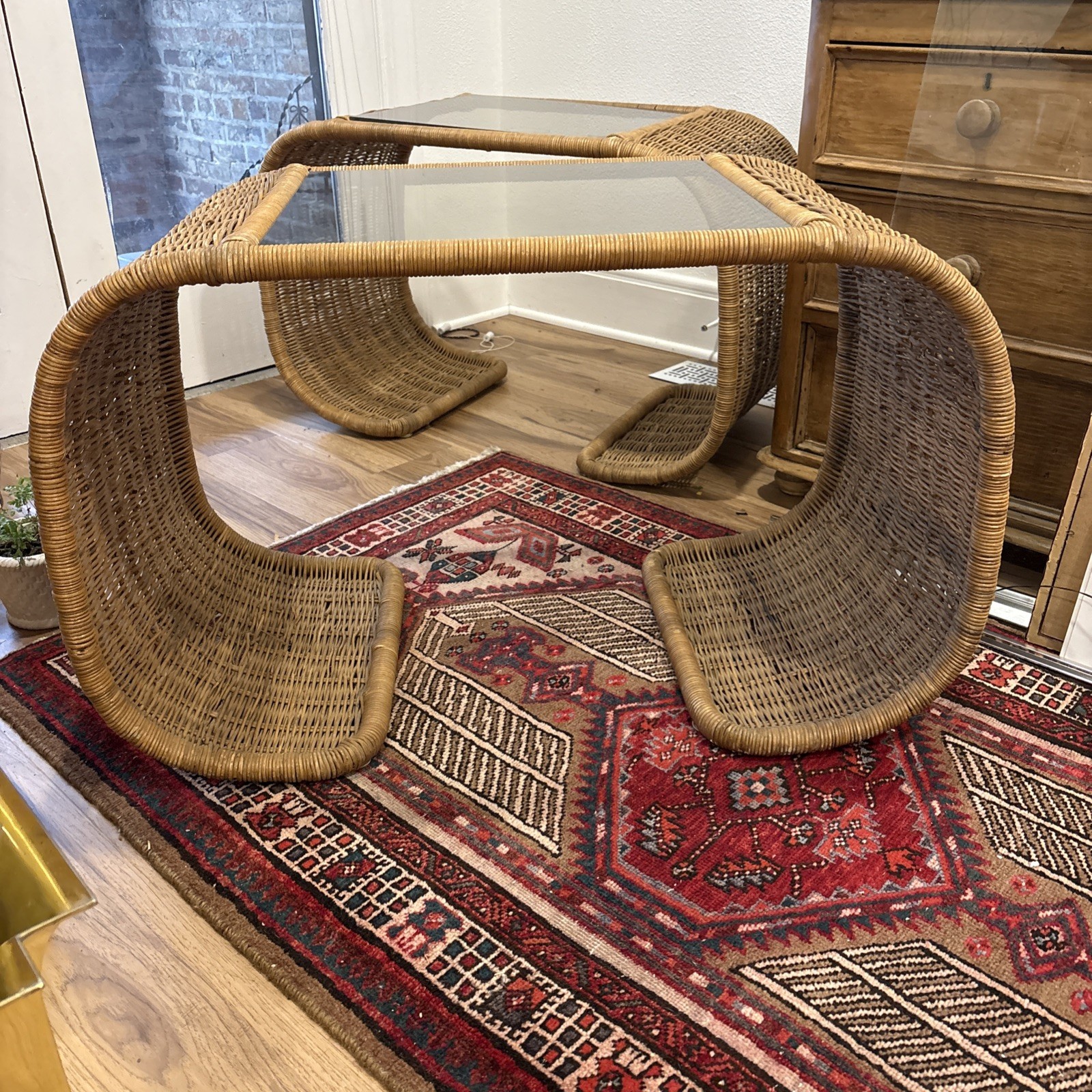 Pair Modern 1970s Wicker Waterfall Tables With Smoked Glass Tops MCM