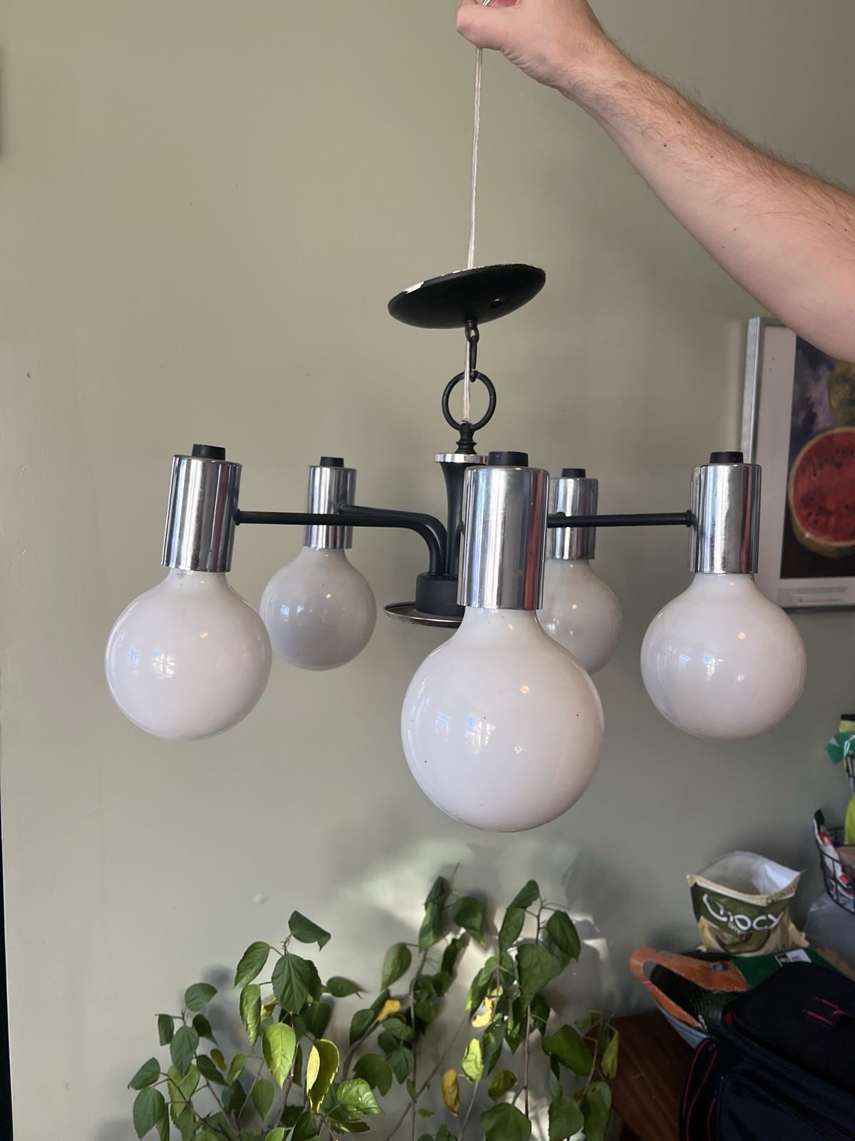 MCM CHROME CHANDELIER 5 Light Atomic Opaline Glass Pendant Lamp Solken Style
