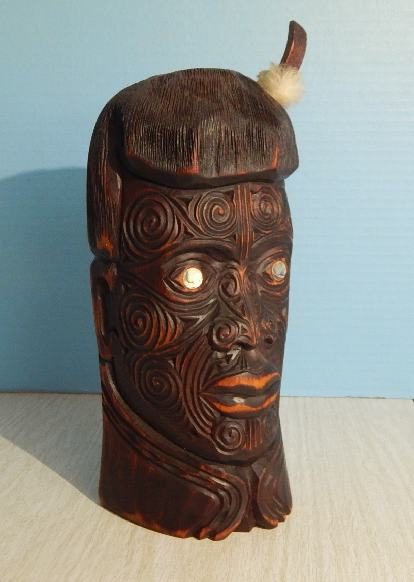 Vintage New Zealand Wooden Hand Carved Maori Upoko Whakairo Bust Signed