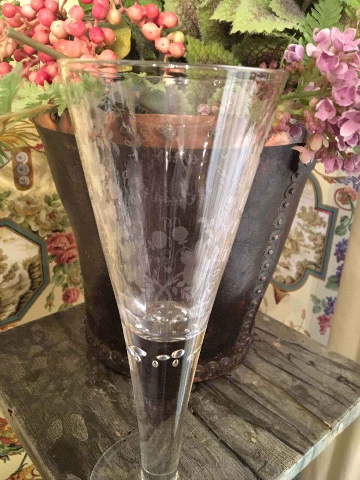 French Glass Goblet Vase Wine Champagne Wedding Dated 1880 Etched Floral