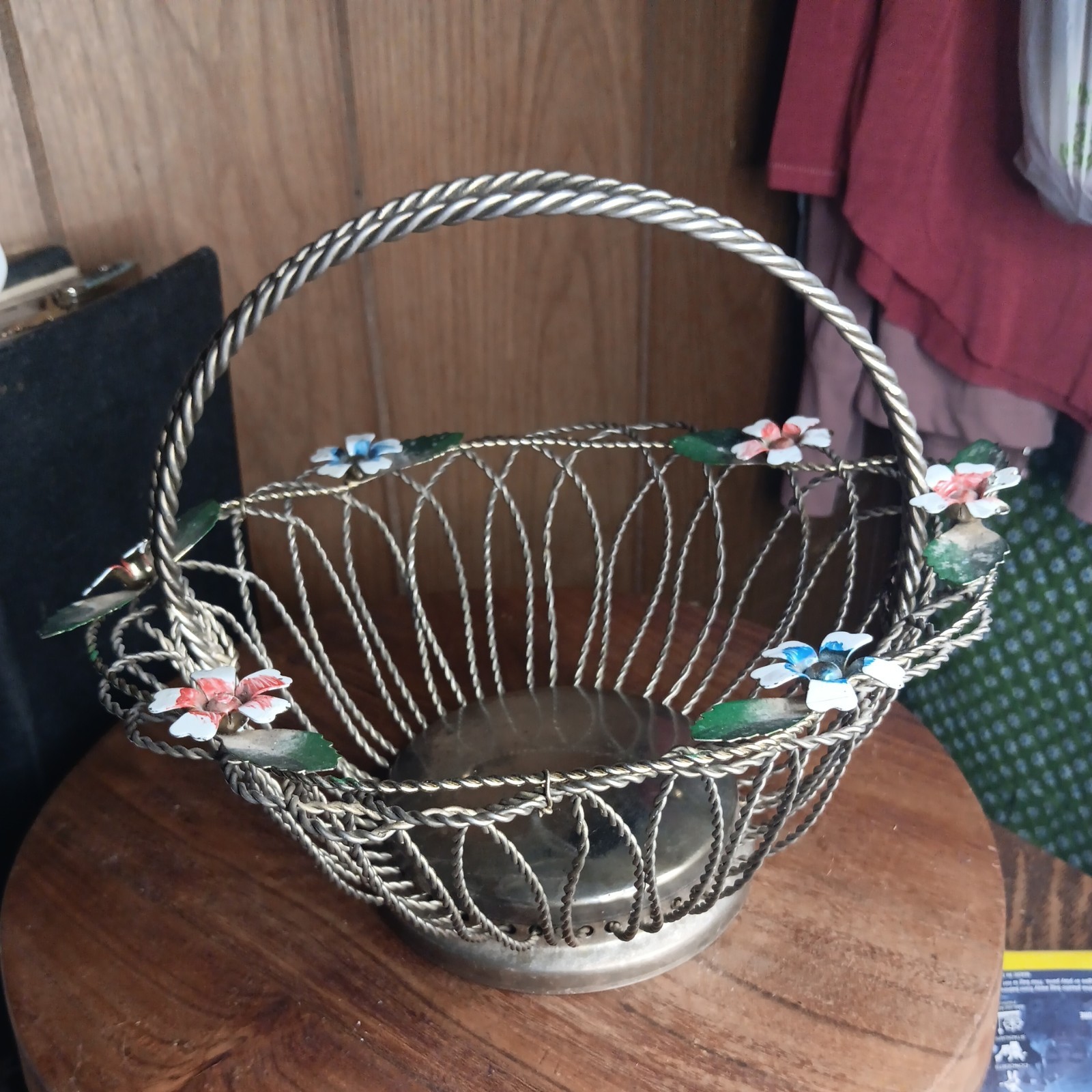 Vintage silver plated Wirework Basket with blue and pink flowers.