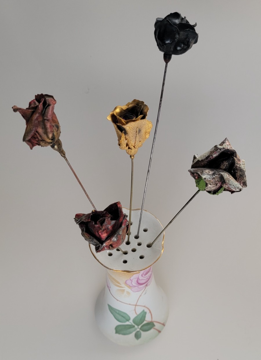 5 ROSE HATPINS Delamothe, Black DEPOSE Metal, Gold Plate w Center Stone & Holder