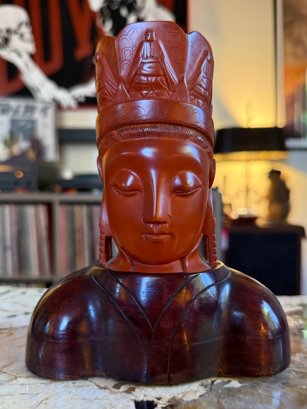 CHINESE LACQUERWARE ROSEWOOD(?) HAND CARVED QUAN-YIN STATUE CINNABAR FACE PEACE