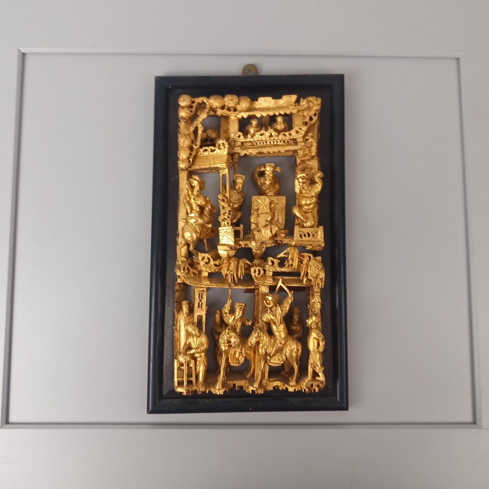 Antique framed Chinese Giltwood Carving Panel, “War Field” or “Story” Panel
