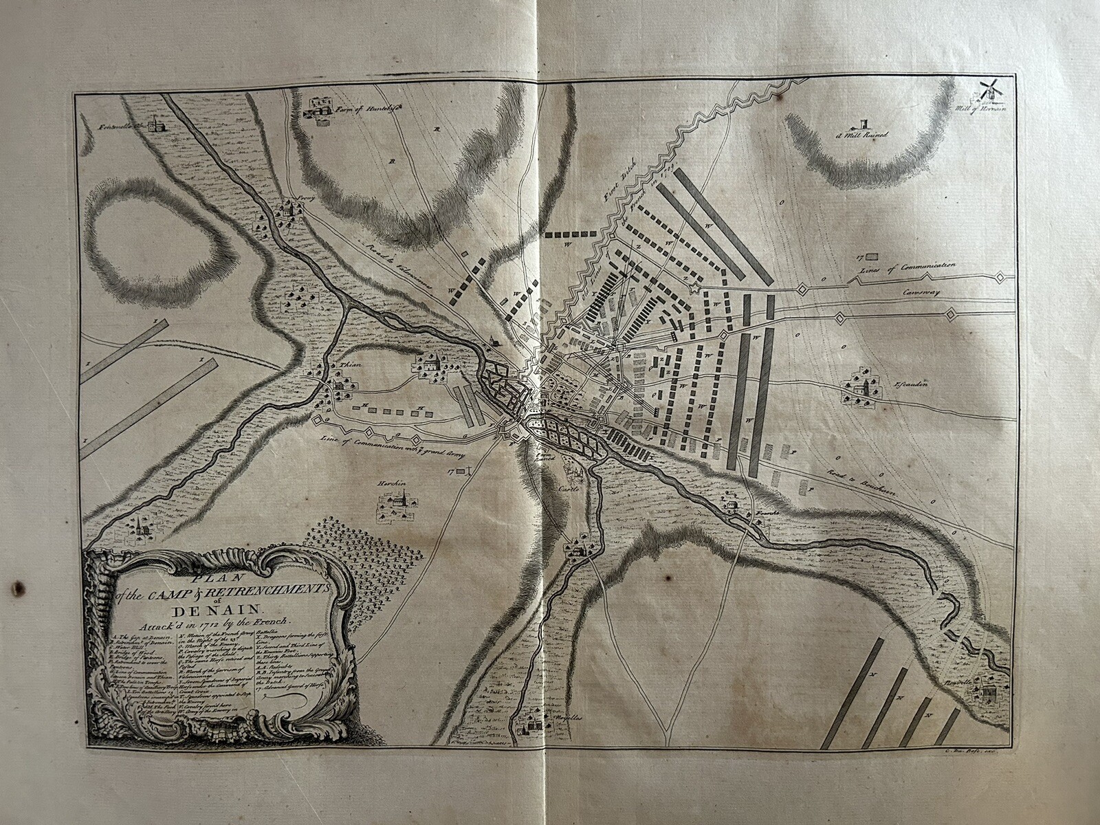 1712 Denain Battle Plan, France Antique Map by Claude Du Bosc