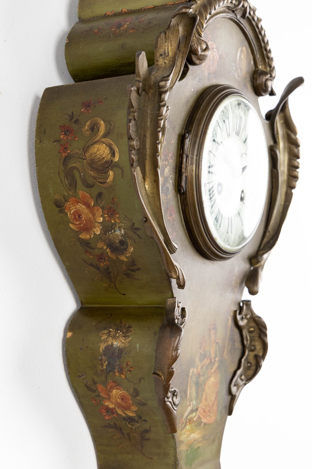 Antique 19thc wall Vernis martin hand paint clock romantic floral decor louis XV