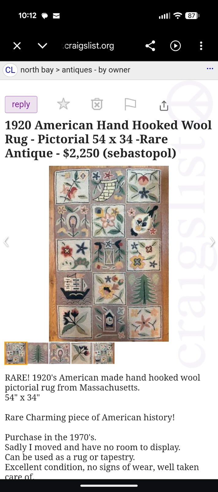 1920’s American made hand hooked wool pictorial rug