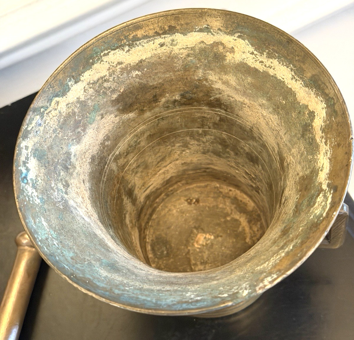 Antique Heavy Solid Brass Mortar And Pestle Large Pharmacy Apothecary Dated 1895