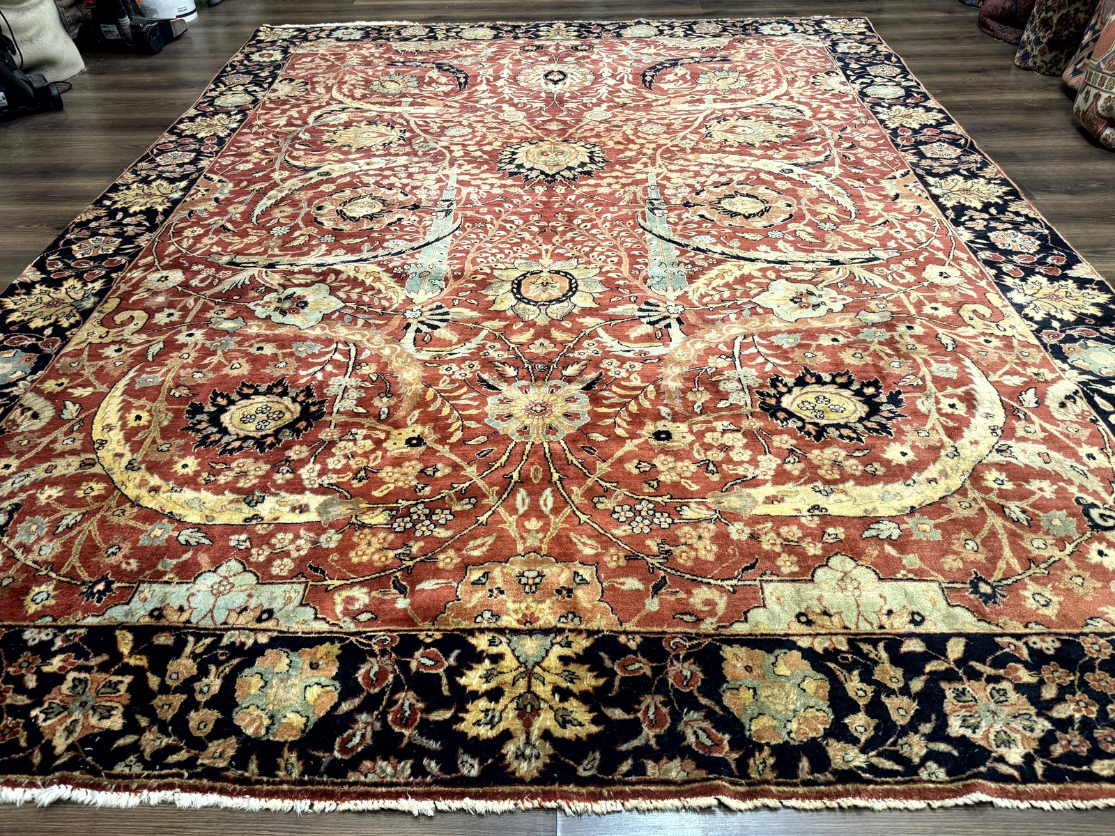 Indian Agra Rug 9×11, Terracotta and Navy Blue, Sickle Leaf Rug
