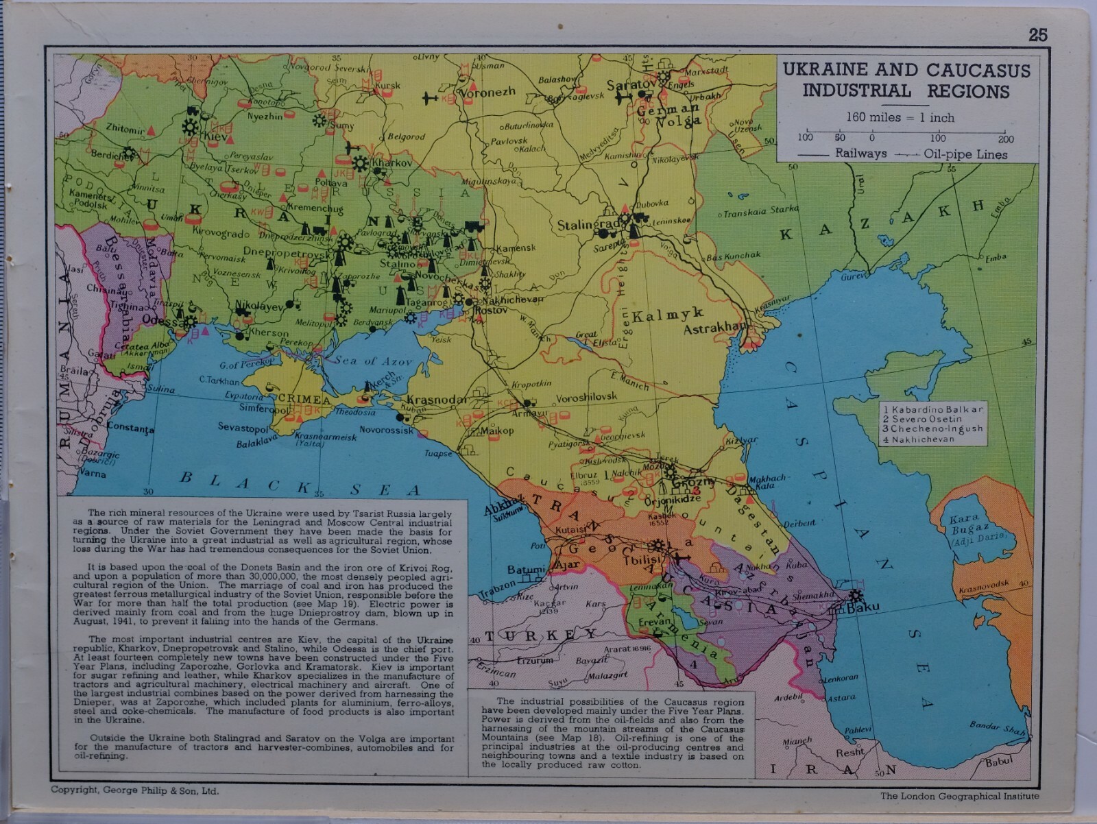 1961 SOVIET MAP UKRAINE & CAUCASUS INDUSTRIAL REGIONS CRIMEA MOLDAVIA BAKU