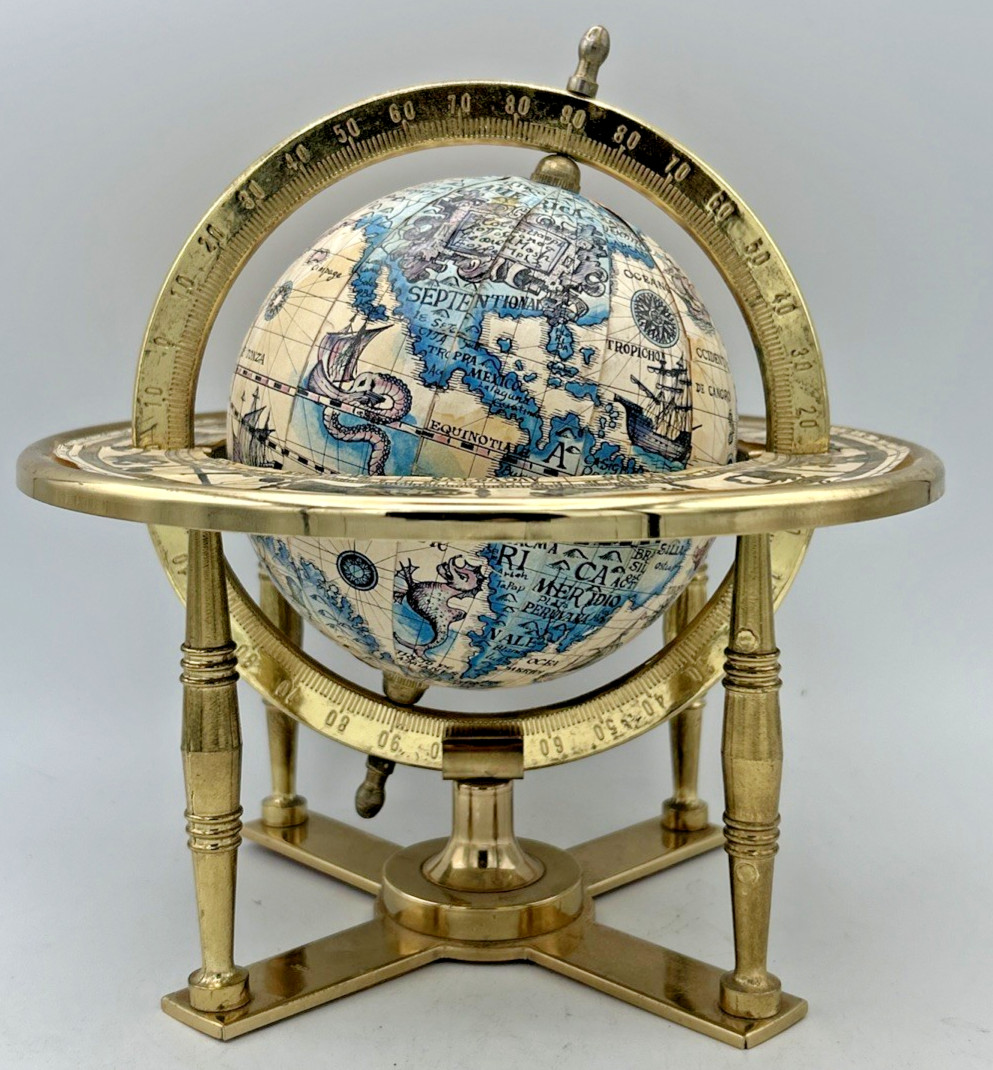 Unique Vintage Small Tabletop Spinning Globe Metal Made in Japan 8 1/2″x7 5/8″
