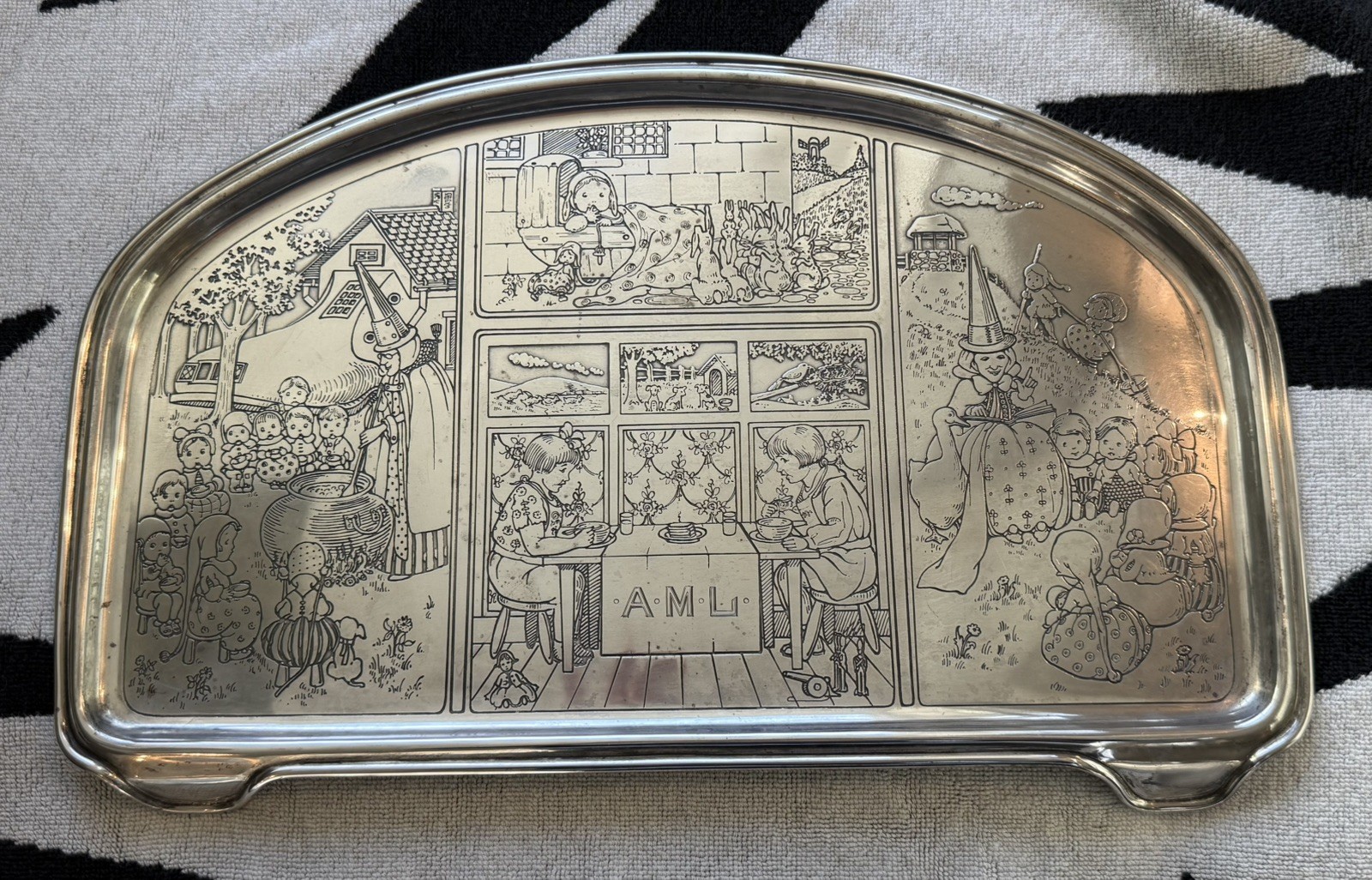 Charming Antique Sterling Silver Nursery Rhyme Mother Goose Baby High Chair Tray