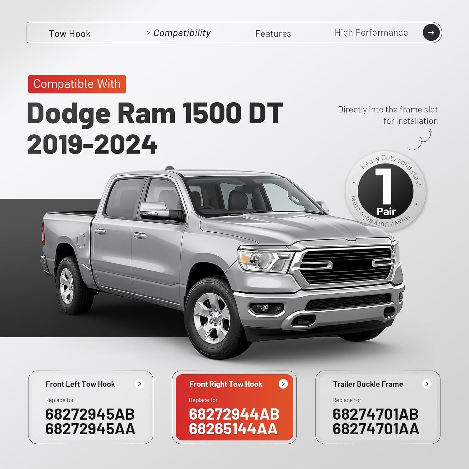Left&Right Front Black Tow Hook Kit Compatible with 2019-2024 Ram 1500 DT W/Fram