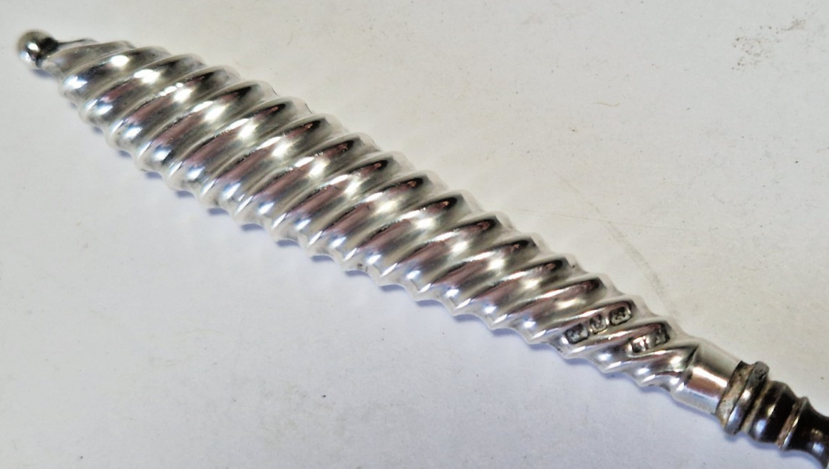 ANTIQUE SILVER BUTTON HOOK HANDLE SPIRAL TWIST BUTTON TOP Adie & Lovekin 1889
