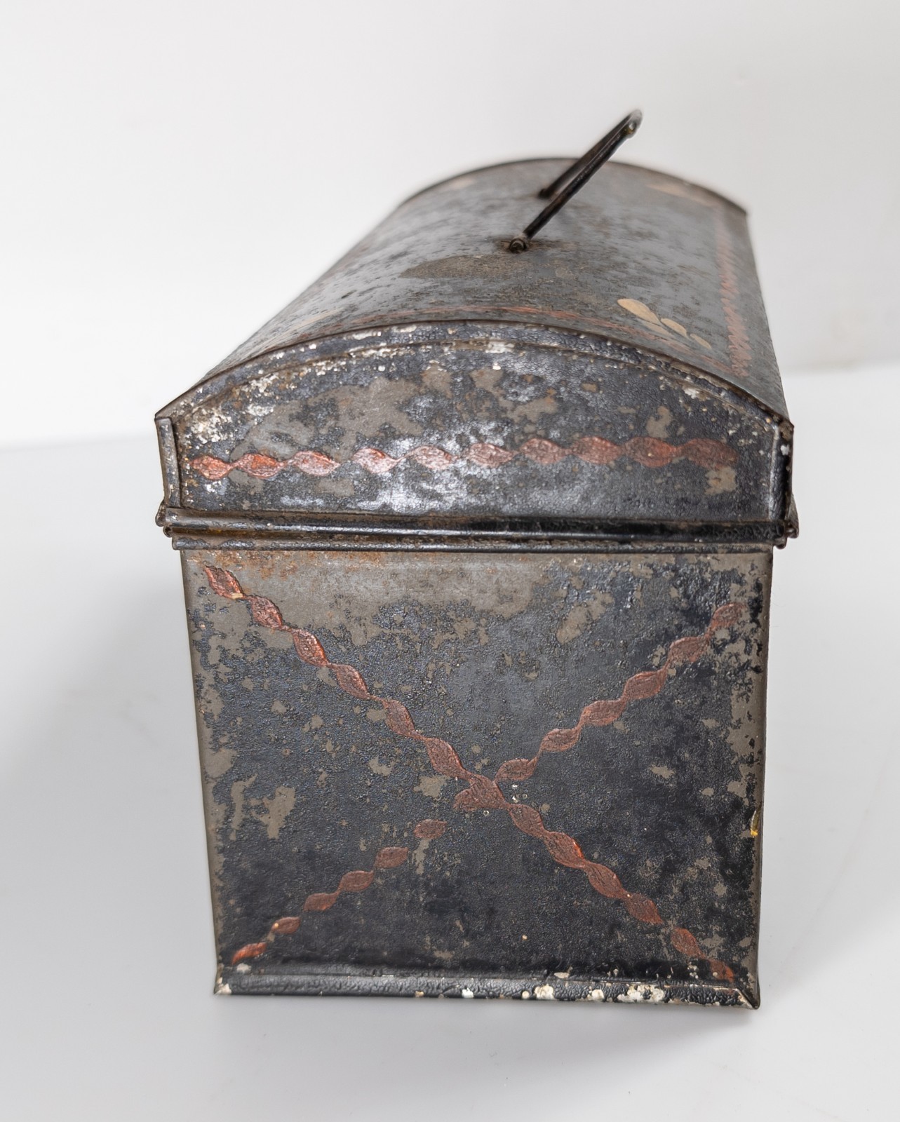 Antique 19th C. Rustic Painted Toleware Tin Box with Painting