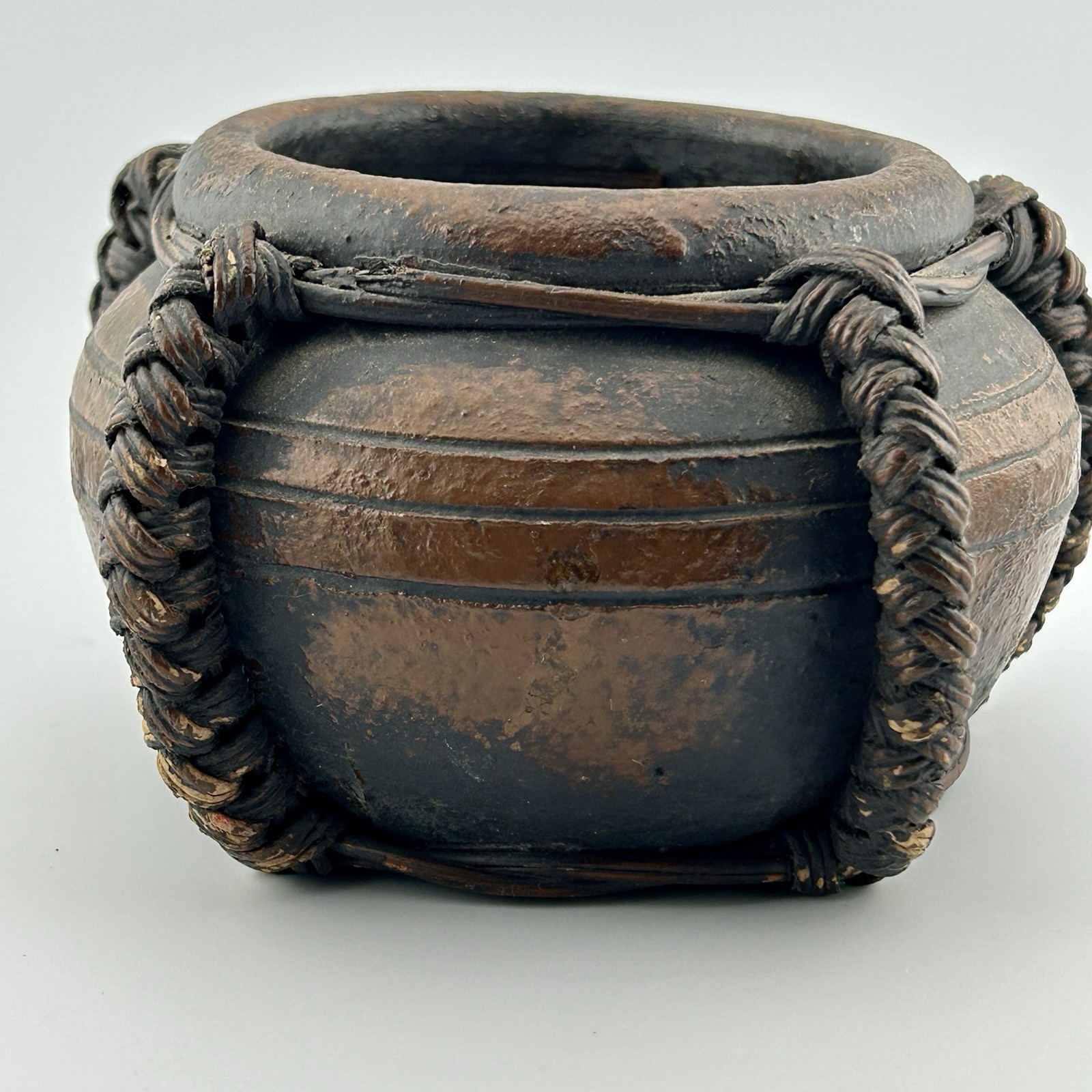 Philippines Ifugao rattan wrapped earthenware pot incised bands 60s VTG basketry