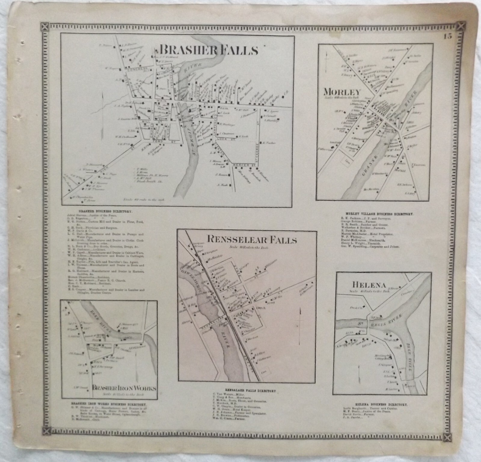 1865 NY St Lawrence Co Brasher Rensselear Falls Helena Morley Antique Atlas Map