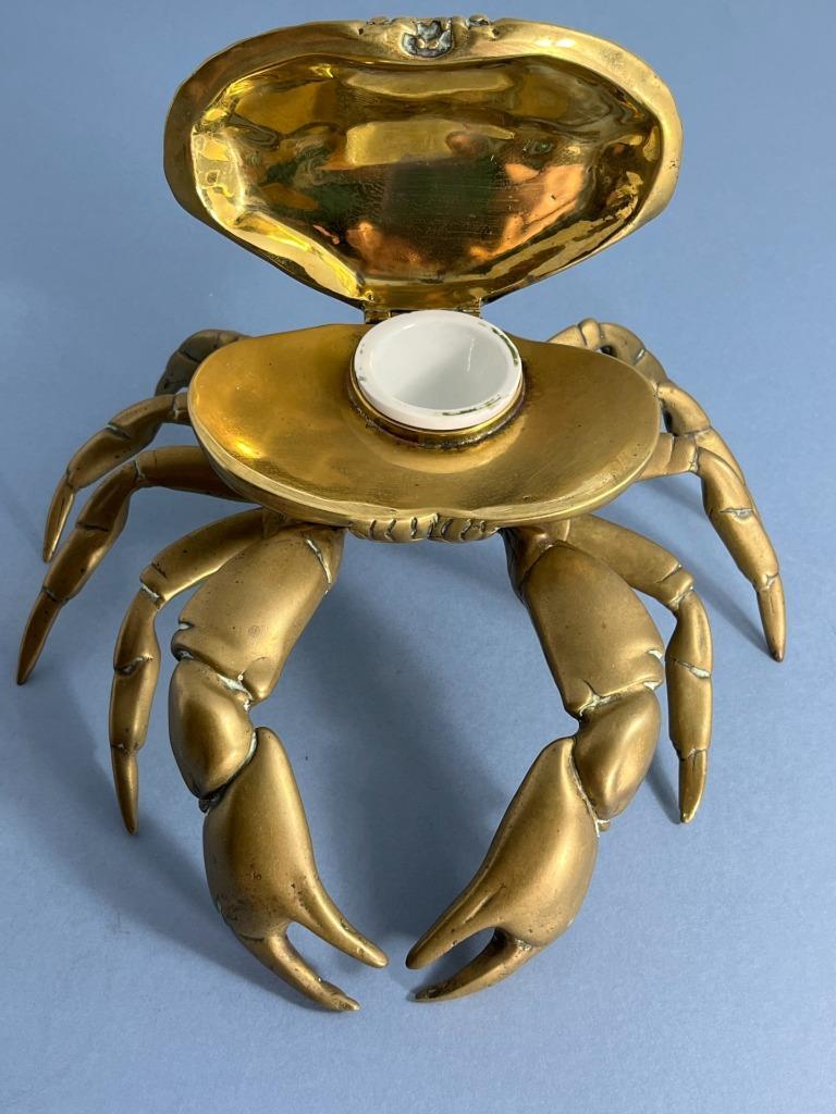 SCARCE UNUSUAL ANTIQUE VICTORIAN BRASS NATURALISTIC CRAB INKWELL & LINER