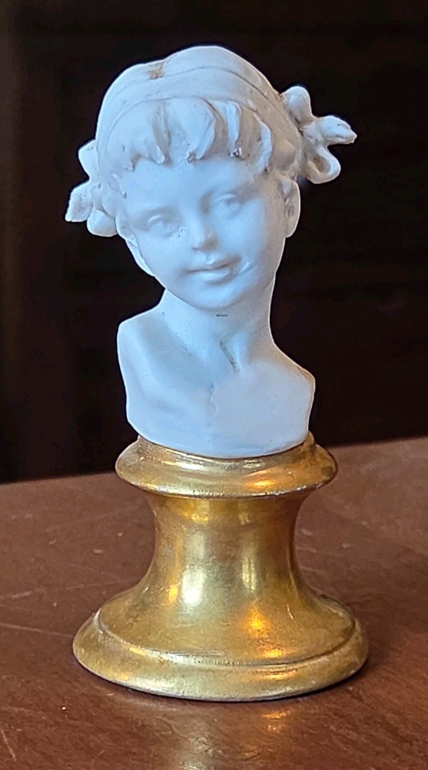 Little Girl Parian Bisque Porcelain Italian Miniature Cabinet Bust Gold Gilt