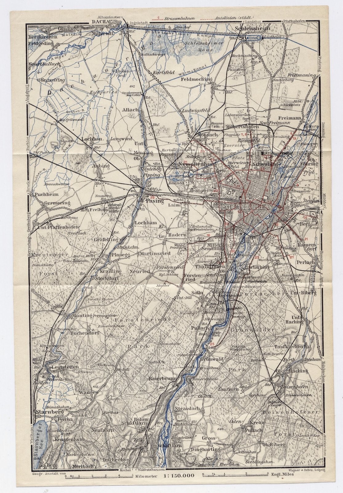 1929 ORIGINAL VINTAGE MAP OF VICINITY OF MUNICH MÜNCHEN BAVARIA BAYERN / GERMANY