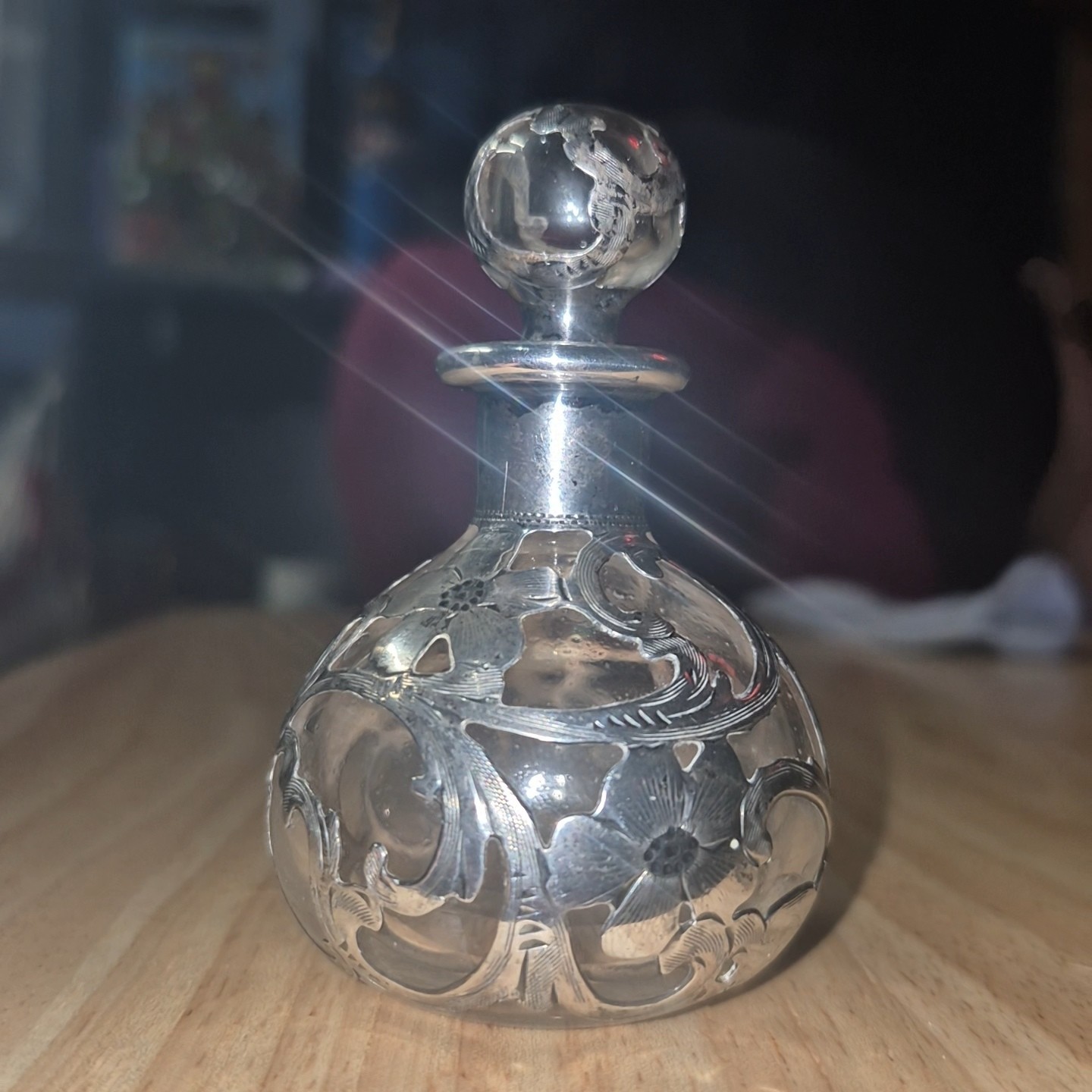 Antique Alvin .999 Fine Silver Overlay Mini Perfume Bottle w/ Original Stopper