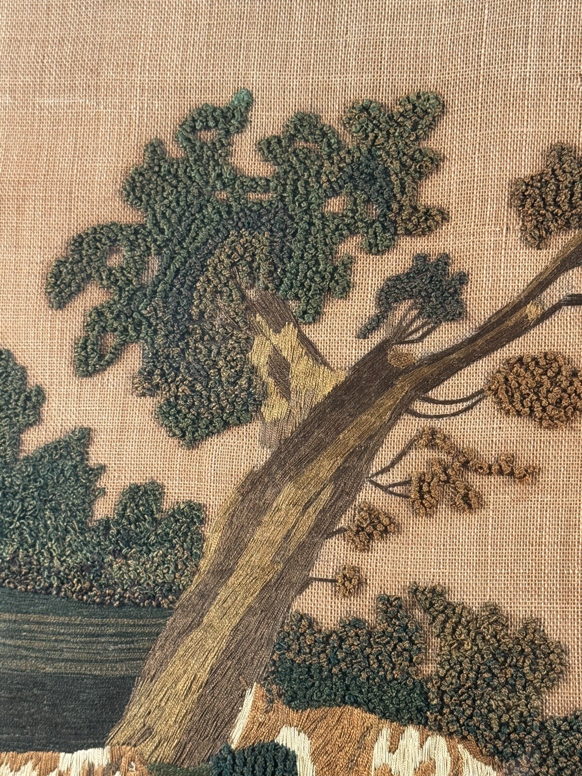 Antique Georgian Needlework Embroidered Sampler Picture Country Farm Cows 19th C