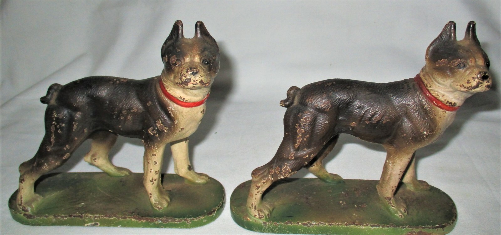 ANTIQUE HUBLEY TOY CAST IRON BOSTON TERRIER DOG BOOKENDS W/ ORIG. LABEL STICKER