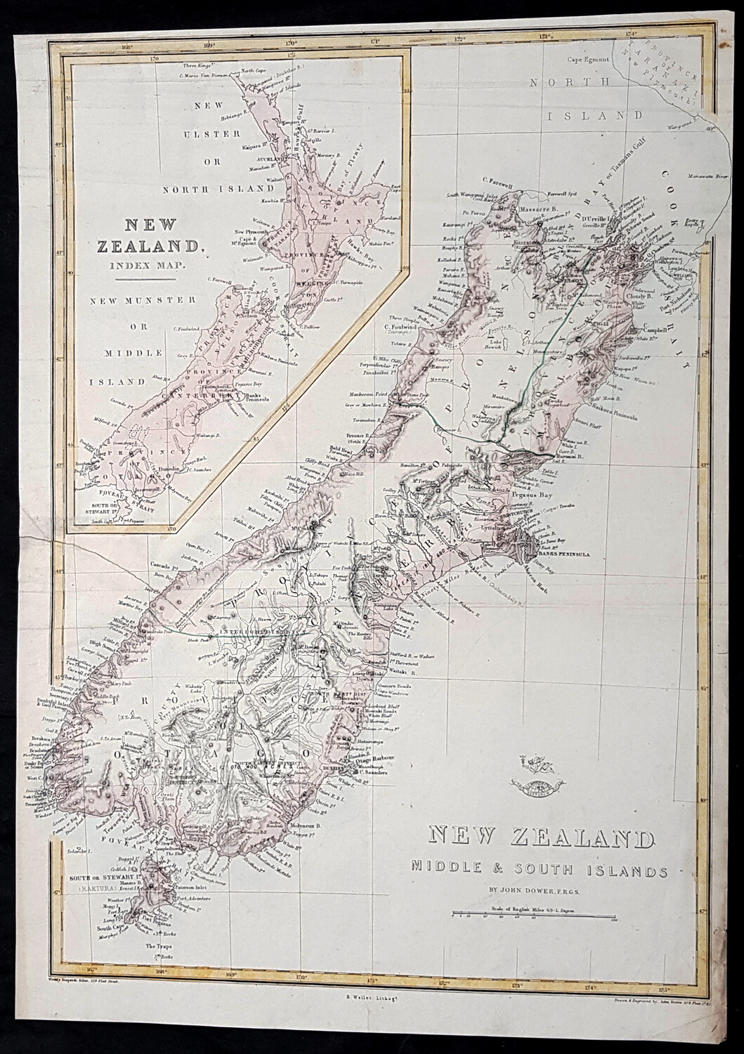 1860 John Dower Large Antique Map of New Zealand