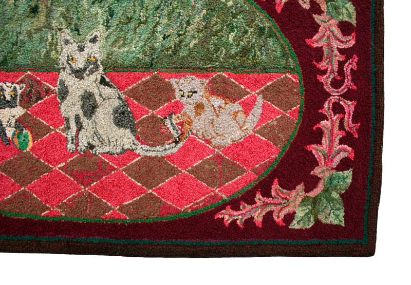 Antique Hand Hooked Rug, Exceptional, Family of Cats, circa 1930