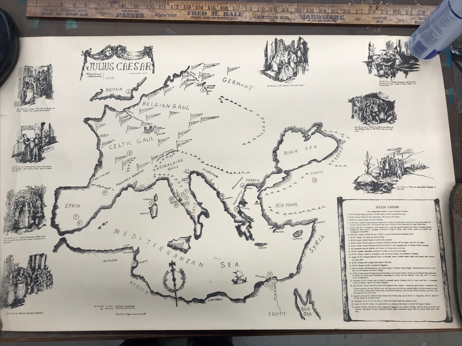 Antique Map-Scenes Of JULIUS CAESAR-Educational Illustrators Barbara Houseworth