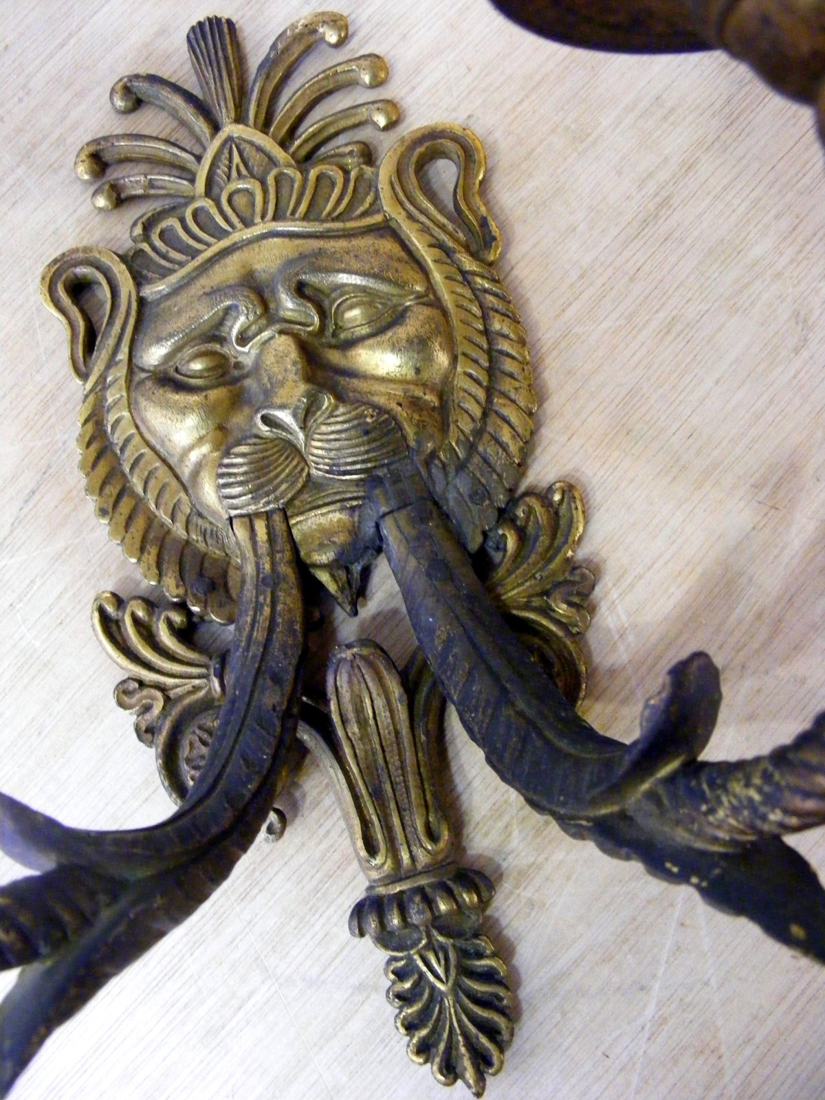 RARE ANTIQUE PAIR SOLID BRASS CANDLE WALL SCONCES-FRENCH-NEO CLASSIC-LIONS HEAD