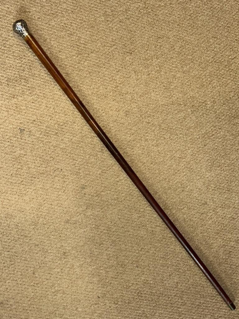 Victorian Malacca Walking Stick Cane Hallmarked 1897 Silver Repousse Pommel Top