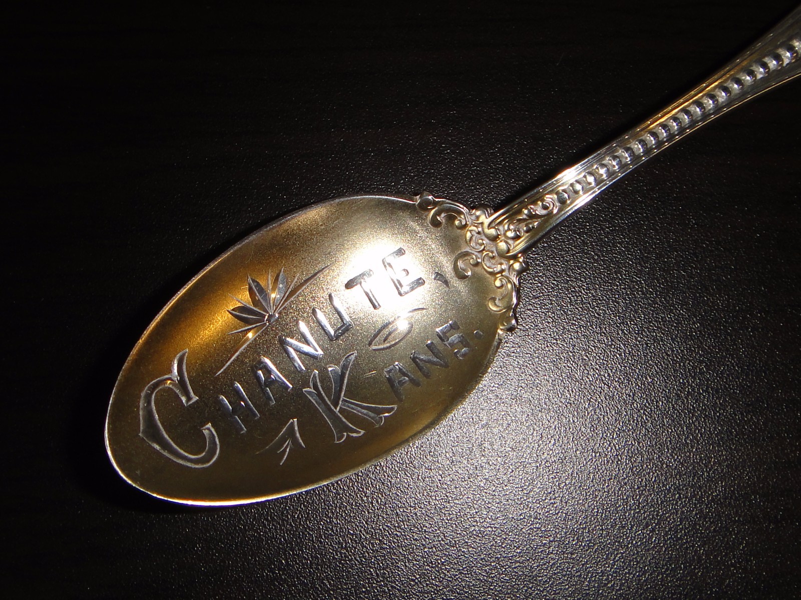 Antique 5″ Sterling Souvenir Spoon Goldwash Bowl with decorative “Chanute Kans”