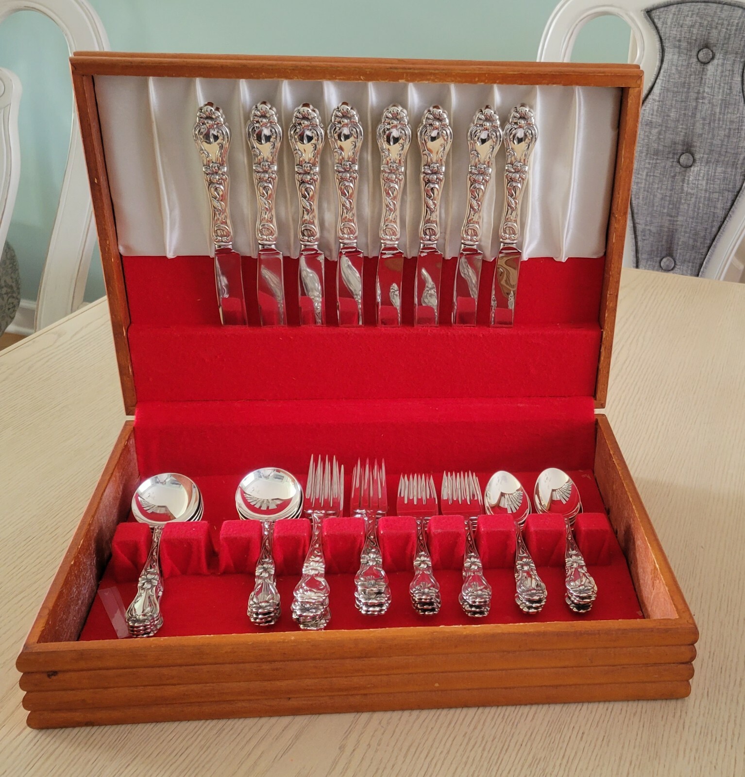 Lily/Floral by Frank Whiting Sterling Silver 5 pc place set. for 8 & wooden Box