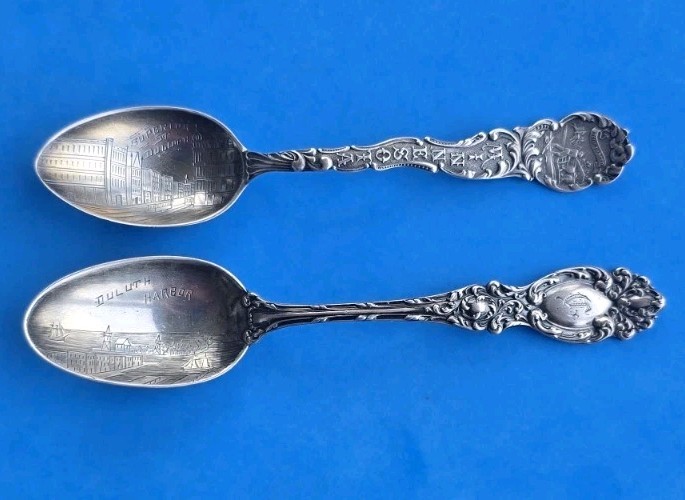 1897 Antique 2) Sterling Silver Duluth MN Street View Souvenir Spoon Minneapolis