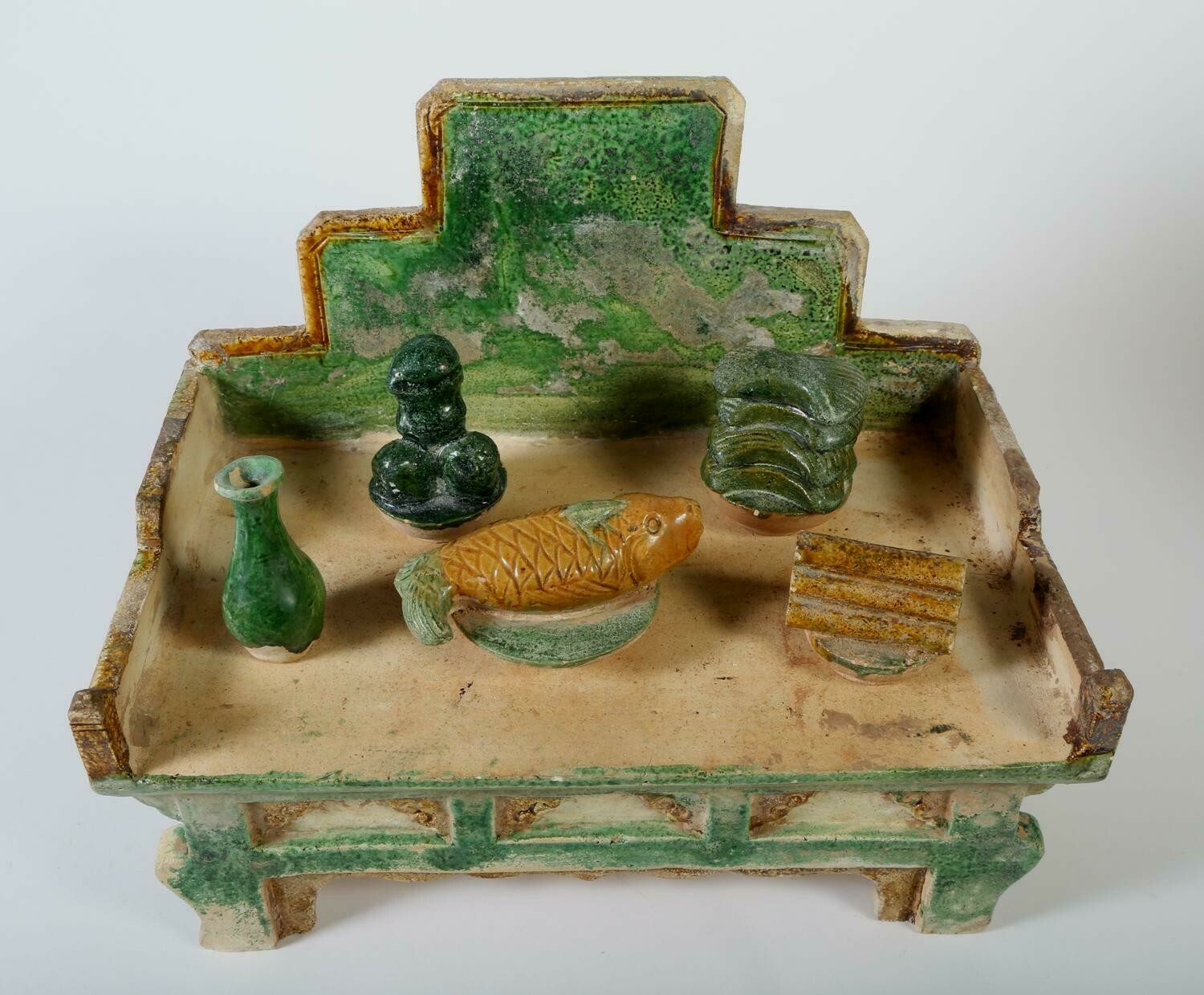 China Chinese Polychrome Pottery Offering Table 5 Offerings Ming Dynasty 16th c.