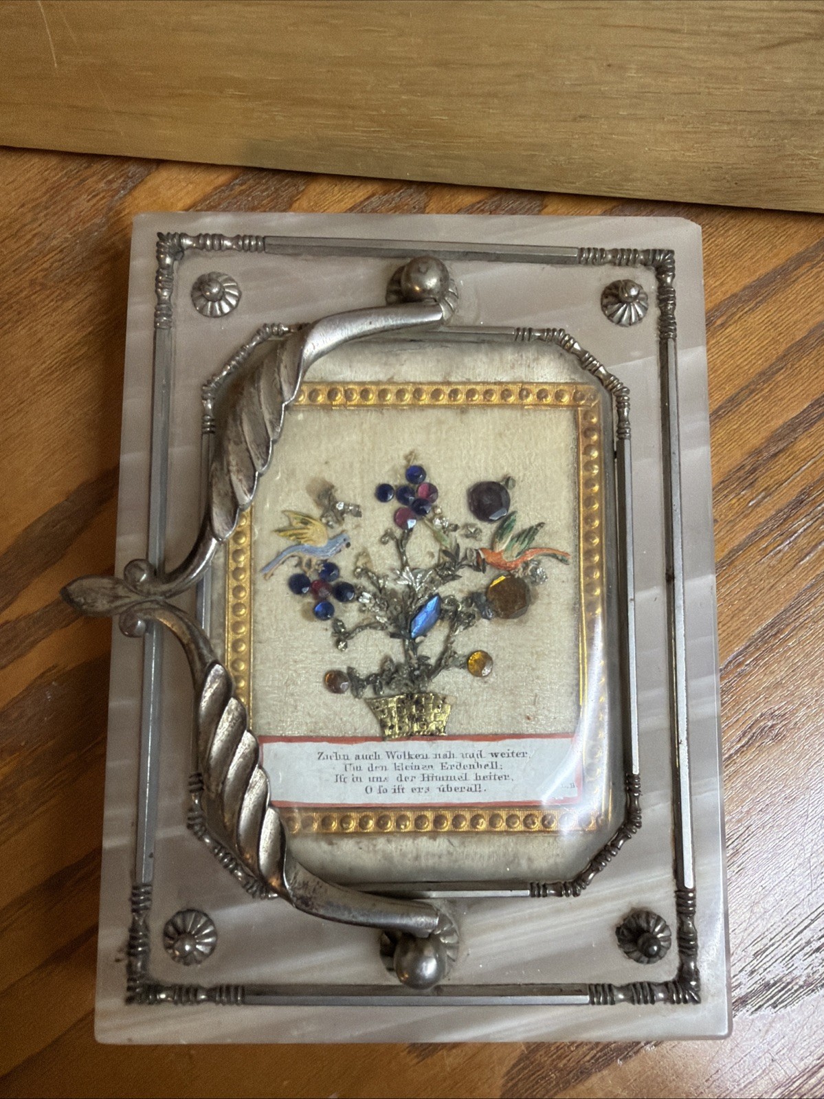 Antique Victorian Era German Marble Paper Weight With Poem And Beads Under Glass