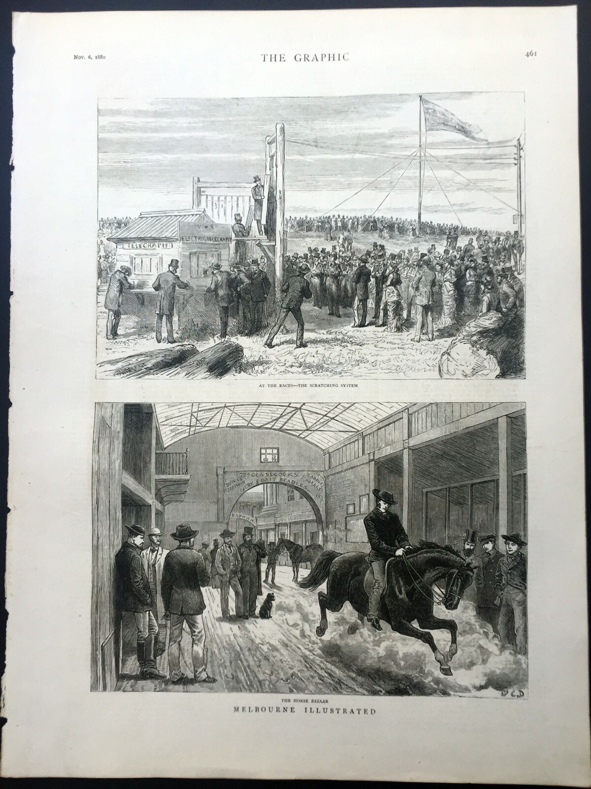 1880 The Graphic Original Antique Print Horse Racing & Auction Melbourne, Aust.
